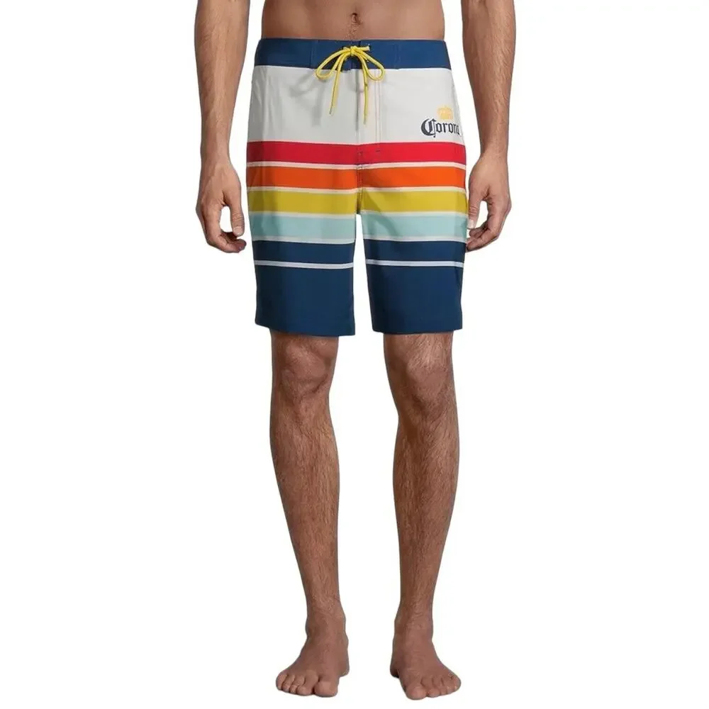 Corona Swim Trunks Mens L 36/38 Blue Colorful Striped Board Shorts Beer Retro